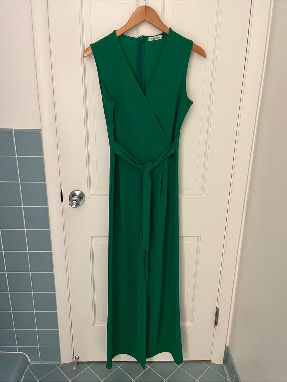 Talia Benson Sleeveless Emerald Wrap-Front Jumpsuit with Tie Waist, Size M